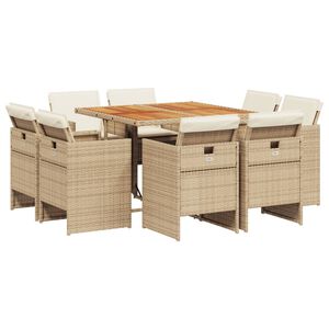 vidaXL 9 Piece Garden Dining Set with Cushions Beige Poly Rattan