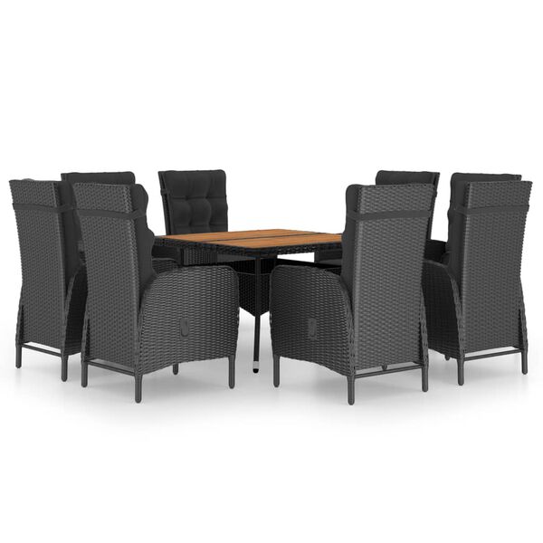 vidaXL 9 Piece Garden Dining Set Poly Rattan and Acacia Wood Black