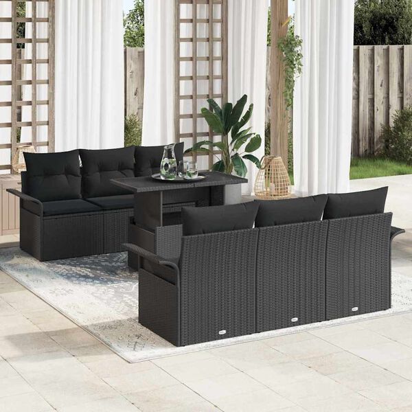 vidaXL Garden Sofa Set with Cushion 7 pcs Black Poly Rattan