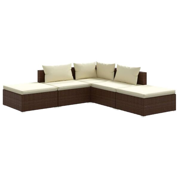 vidaXL 5 Piece Garden Lounge Set with Cushions Poly Rattan Brown