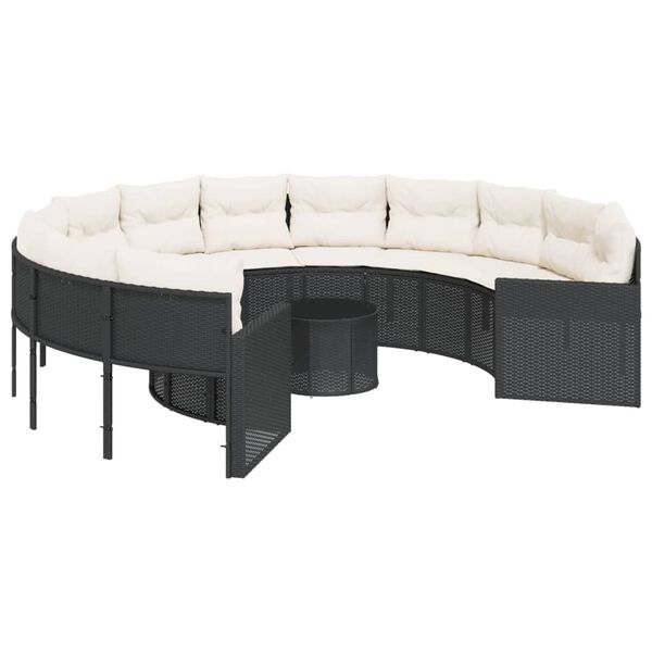 vidaXL Garden Sofa with Table and Cushions Round Black Poly Rattan