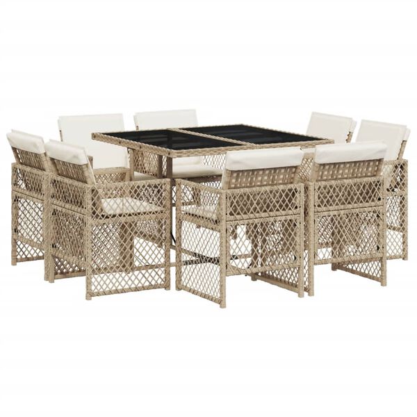 vidaXL 9 Piece Garden Dining Set with Cushions Beige Poly Rattan
