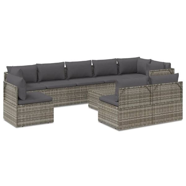 vidaXL 10 Piece Garden Lounge Set with Cushions Grey Poly Rattan