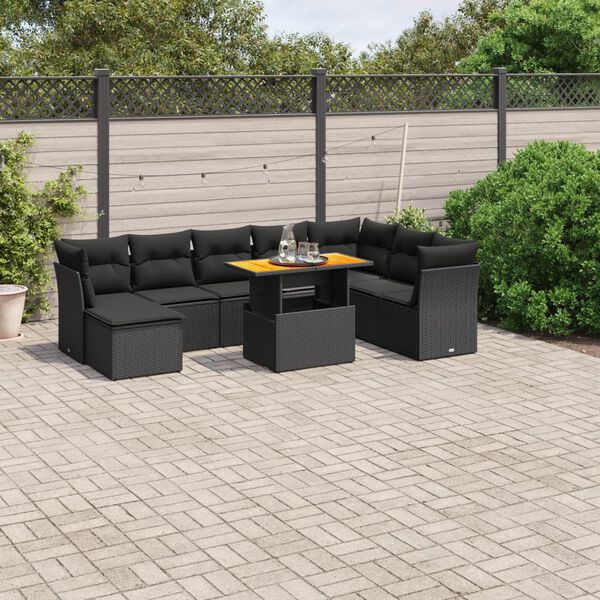 vidaXL 9 Piece Garden Sofa Set with Cushions Black Poly Rattan