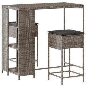 vidaXL 3 Piece Garden Bar Set with Cushions Grey Poly Rattan