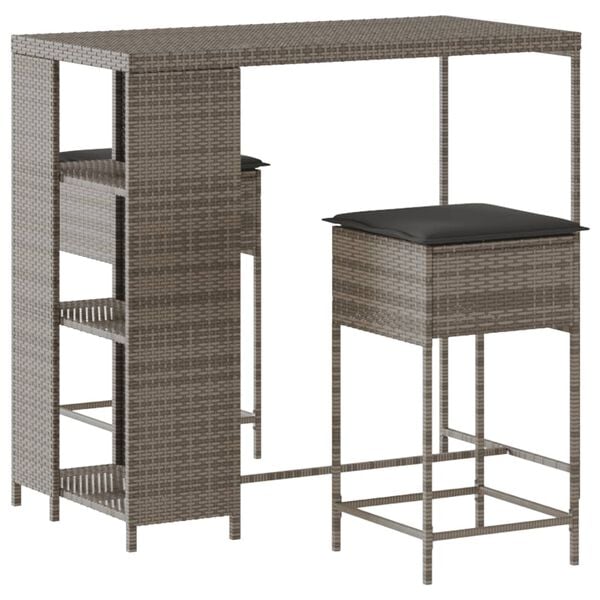 vidaXL 3 Piece Garden Bar Set with Cushions Grey Poly Rattan