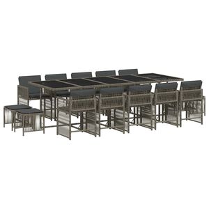 vidaXL 15 Piece Garden Dining Set with Cushions Grey Poly Rattan