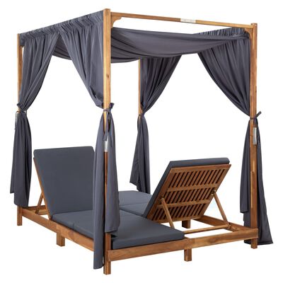 vidaXL Double Sun Lounger with Curtains & Cushions Solid Acacia Wood