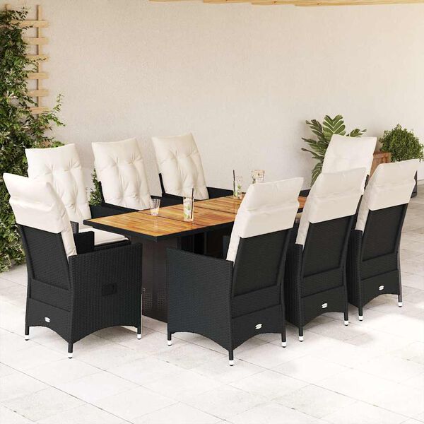 vidaXL 9 Piece Garden Dining Set with Cushions Black Poly Rattan