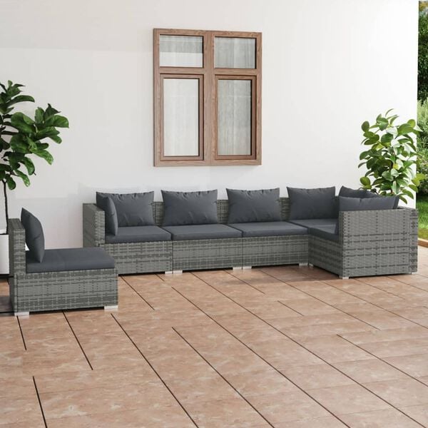 vidaXL 6 Piece Garden Lounge Set with Cushions Poly Rattan Grey
