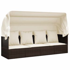 vidaXL Outdoor Lounge Bed with Roof and Cushions Brown Poly Rattan