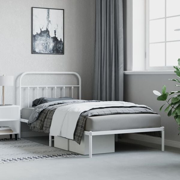 vidaXL Metal Bed Frame without Mattress with Headboard White 107x203cm