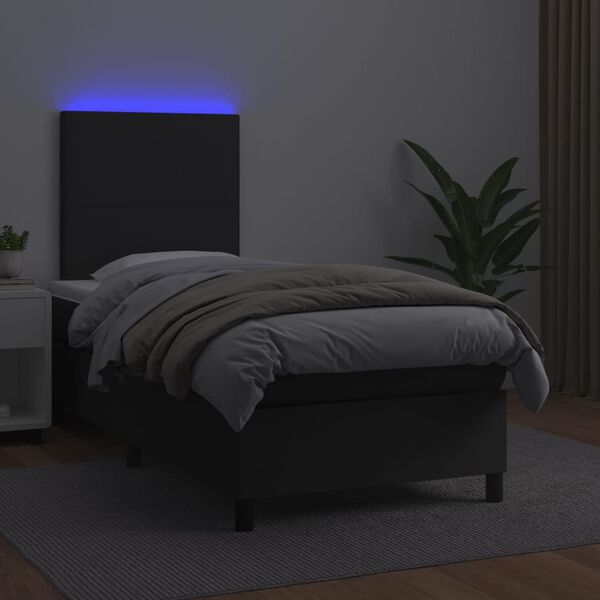vidaXL Box Spring Bed with Mattress&LED Black 106x203 cm King Single Size Faux Leather
