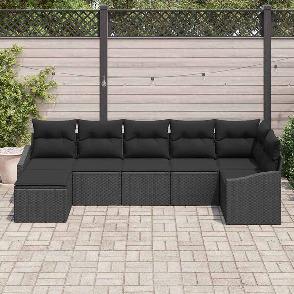vidaXL Garden Sofa Set with Cushion 7 pcs Black Poly Rattan
