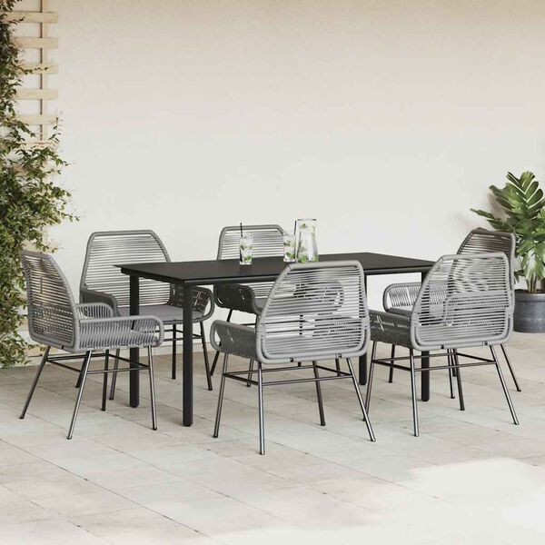 vidaXL 7 Piece Garden Dining Set with Cushions Grey Poly Rattan Glass