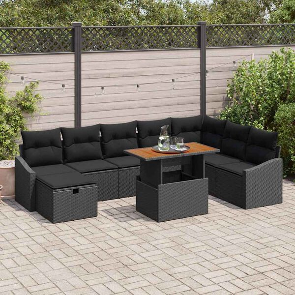 vidaXL Garden Sofa Set Height-Adjustable 9 pcs Black Poly Rattan
