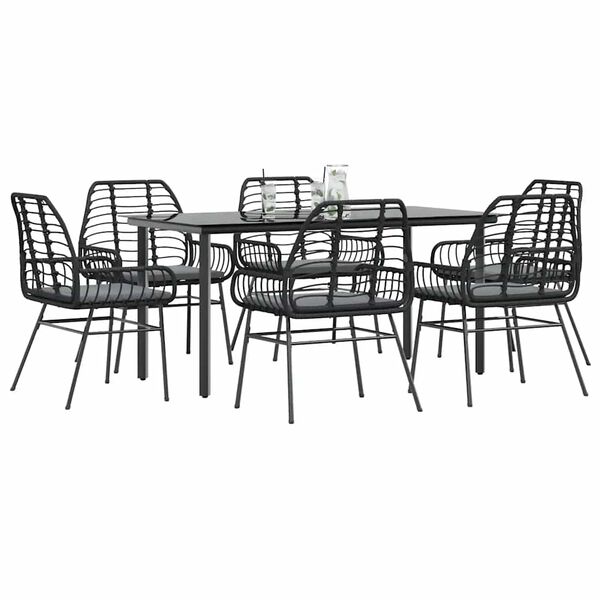 vidaXL 7 Piece Garden Dining Set with Cushions Black Poly Rattan Glass