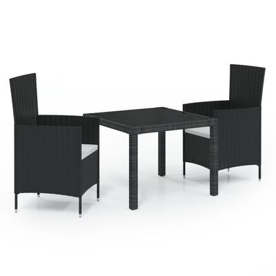vidaXL 3 Piece Outdoor Dining Set with Cushions Poly Rattan Black