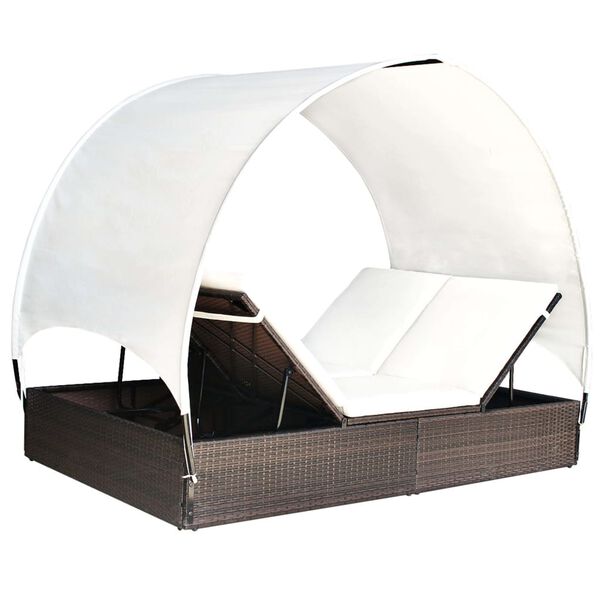 vidaXL Double Sun Lounger with Canopy Poly Rattan Brown