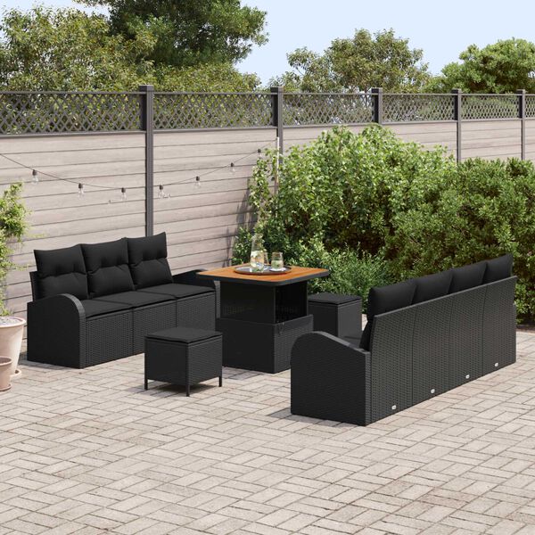 vidaXL Garden Sofa Set with Cushion 10 pcs Black Poly Rattan