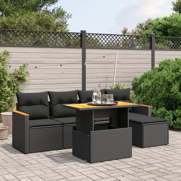 vidaXL 6 Piece Garden Sofa Set with Cushions Black Poly Rattan