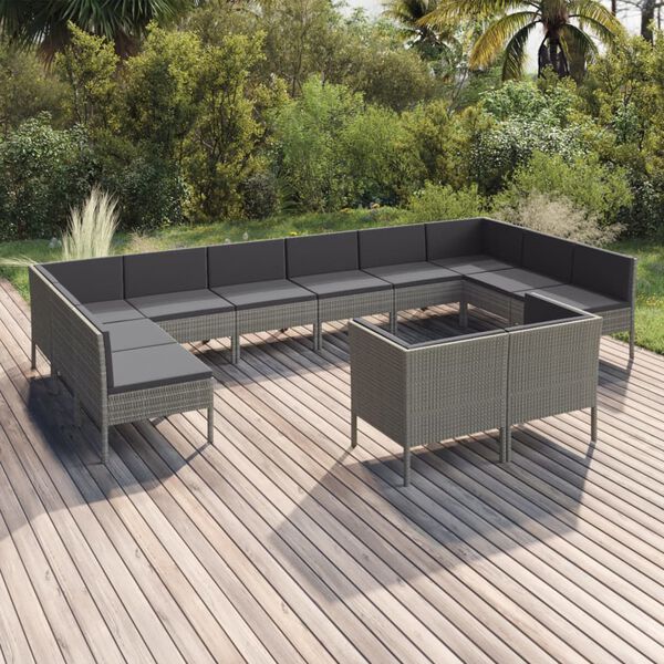vidaXL 12 Piece Garden Lounge Set with Cushions Poly Rattan Grey
