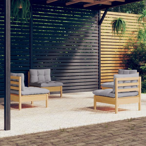 vidaXL 4 Piece Garden Lounge Set with Grey Cushions Pinewood