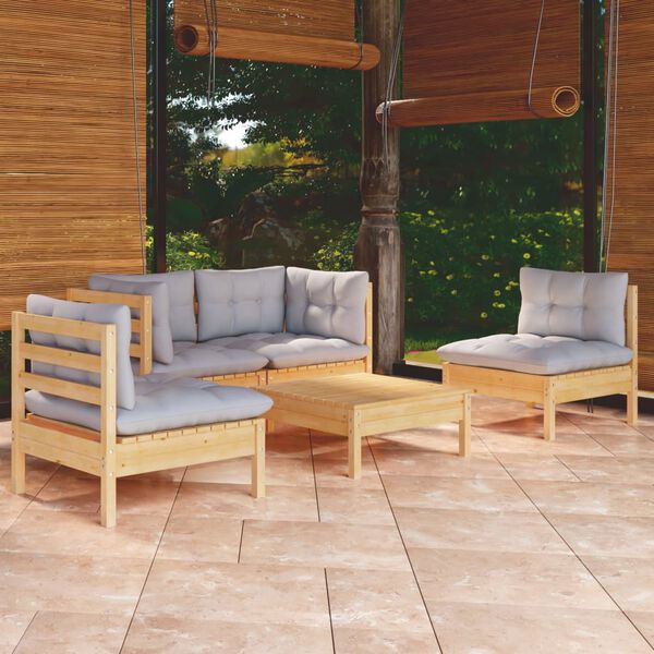 vidaXL 5 Piece Garden Lounge Set with Grey Cushions Solid Pinewood