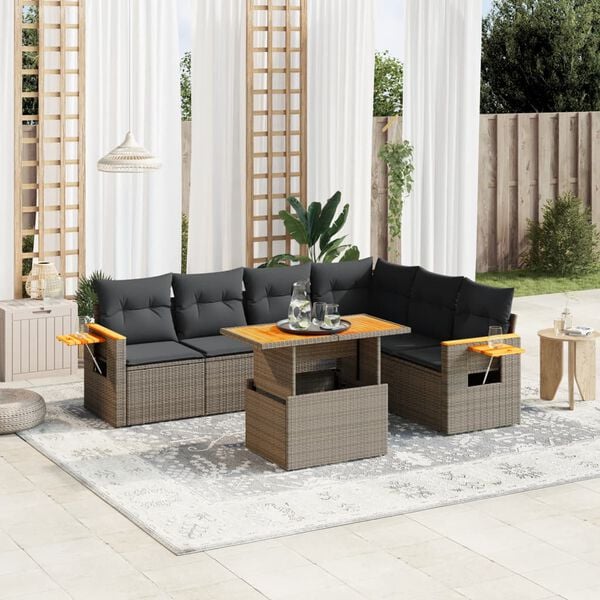 vidaXL 7 Piece Garden Sofa Set with Cushions Grey Poly Rattan
