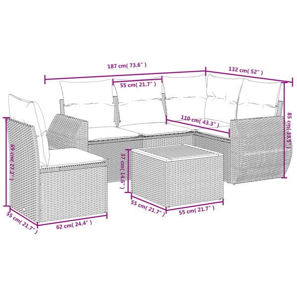 vidaXL 6 Piece Garden Sofa Set with Cushions Grey Poly Rattan