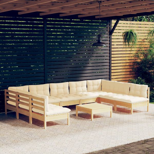 vidaXL 10 Piece Garden Lounge Set with Cream Cushions Solid Pinewood