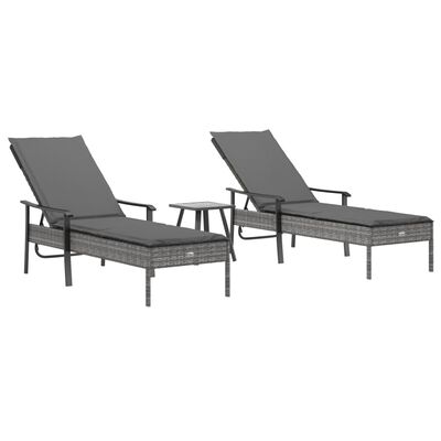 vidaXL Sun Loungers 2 pcs with Table and Cushions Grey Poly Rattan