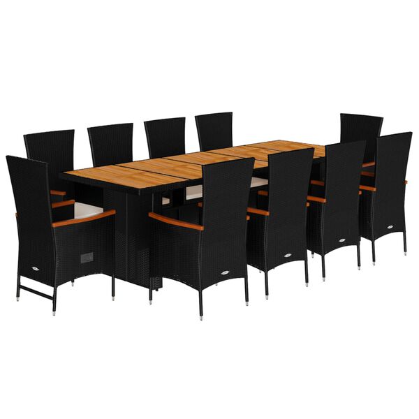 vidaXL 11 Piece Garden Dining Set with Cushions Black Poly Rattan