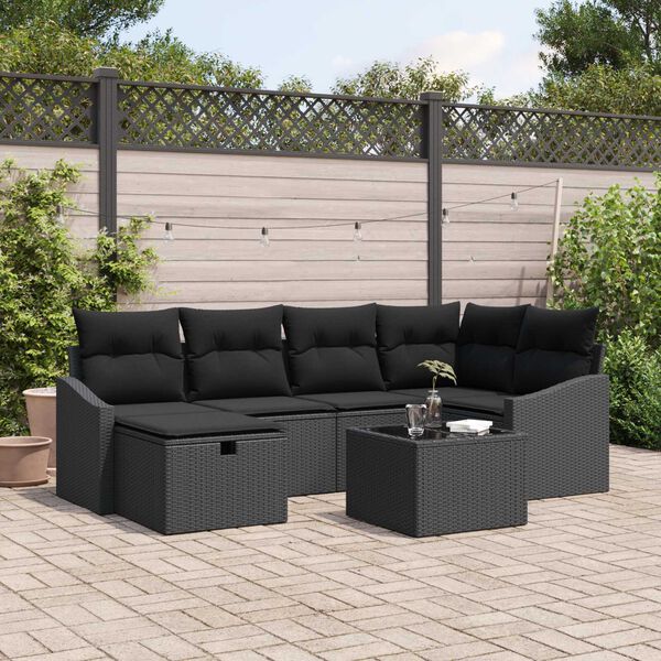 vidaXL Sofa Set with Cushion with Storage Black Poly Rattan