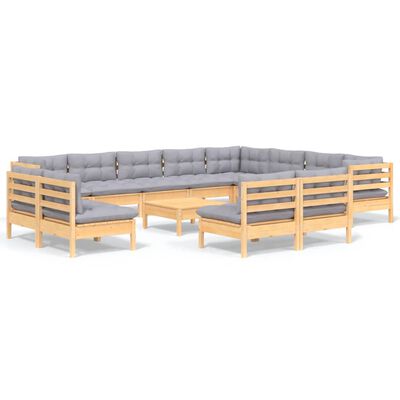 vidaXL 13 Piece Garden Lounge Set with Grey Cushions Solid Pinewood