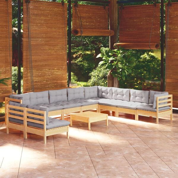 vidaXL 11 Piece Garden Lounge Set with Grey Cushions Solid Pinewood