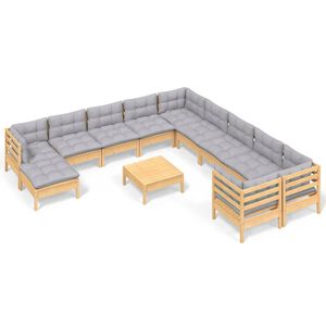 vidaXL 12 Piece Garden Lounge Set with Grey Cushions Pinewood