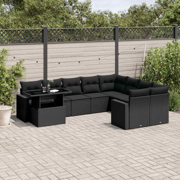 vidaXL 10 Piece Garden Sofa Set with Cushions Black Poly Rattan
