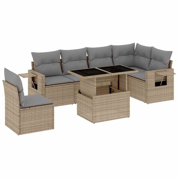 vidaXL 7 Piece Garden Sofa Set with Cushions Beige Poly Rattan