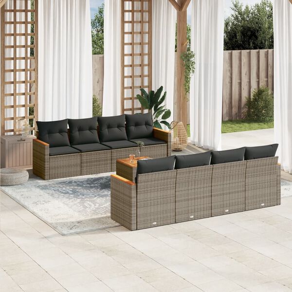 vidaXL 9 Piece Garden Sofa Set with Cushions Grey Poly Rattan