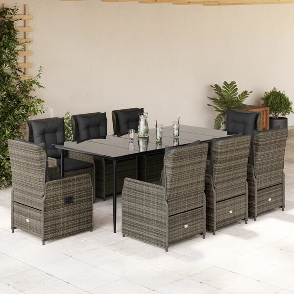 vidaXL 9 Piece Garden Dining Set with Cushions Grey Poly Rattan