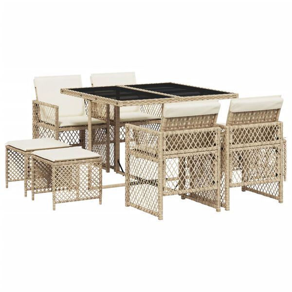 vidaXL 9 Piece Garden Dining Set with Cushions Beige Poly Rattan