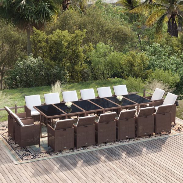 vidaXL 17 Piece Garden Dining Set with Cushions Poly Rattan Brown