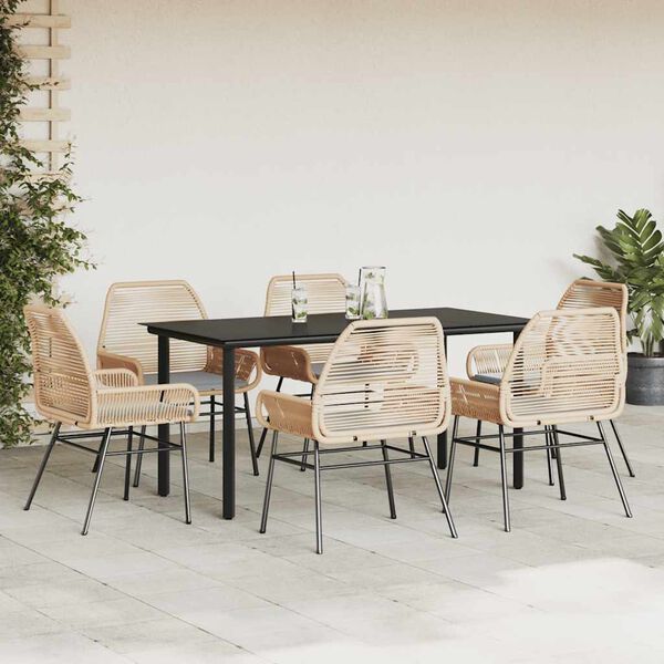 vidaXL 7 Piece Garden Dining Set with Cushions Brown Poly Rattan Glass