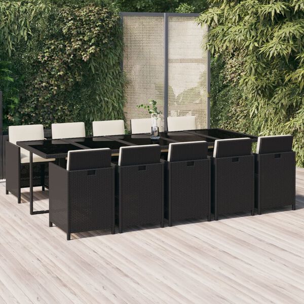 vidaXL 11 Piece Garden Dining Set with Cushions Poly Rattan Black