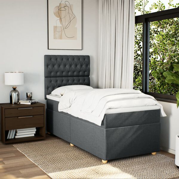 vidaXL Box Spring Bed with Mattress Dark Grey King Single Fabric