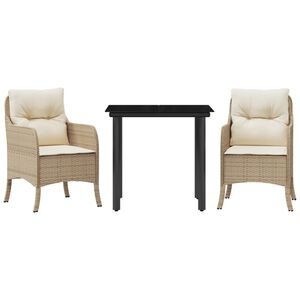 vidaXL 3 Piece Garden Dining Set with Cushions Beige Poly Rattan