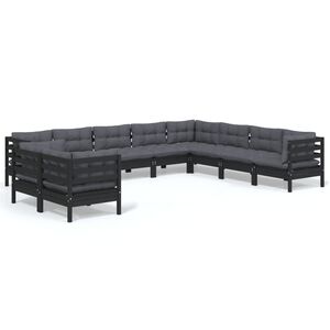 vidaXL 10 Piece Garden Lounge Set with Cushions Black Solid Pinewood