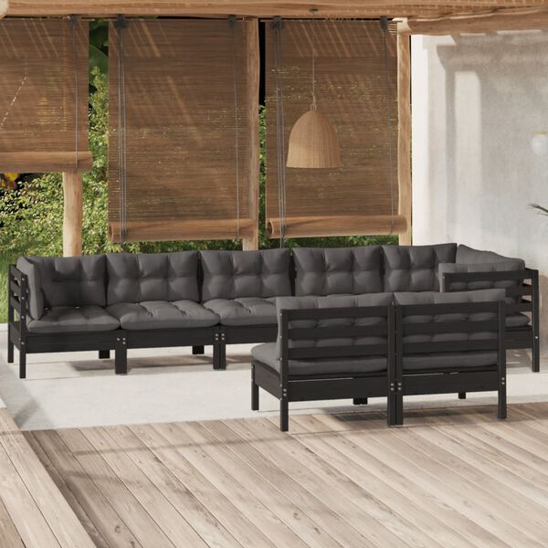 vidaXL 8 Piece Garden Lounge Set with Cushions Black Solid Pinewood