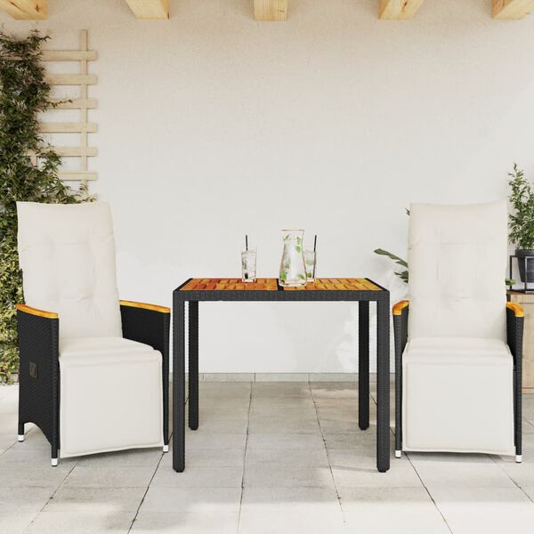 vidaXL 3 Piece Garden Bistro Set with Cushions Black Poly Rattan